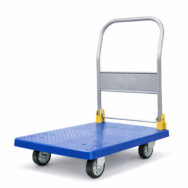 Equal 300kg platform trolley with foldable steel handle and blue plastic deck, heavy duty warehouse platform cart with swivel caster wheels for material handling