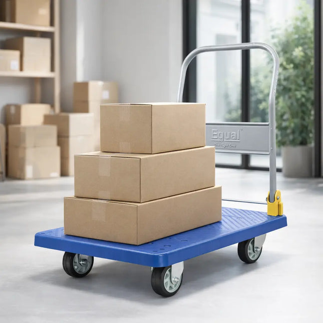 Equal platform trolley carrying cardboard boxes in warehouse environment, heavy duty foldable platform cart for logistics and warehouse transport